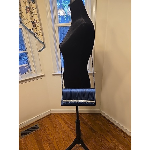 Navy Classic Pleated Satin Evening Bags Rhinestone Clutch Purse Beaded Chain - Picture 6 of 8